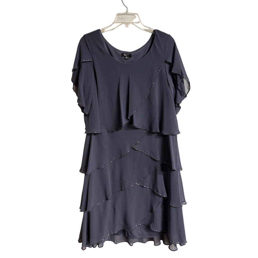SLNY Steel Gray Tiered Chiffon Beaded Cocktail Dress Size 12 NWT Evening Classic